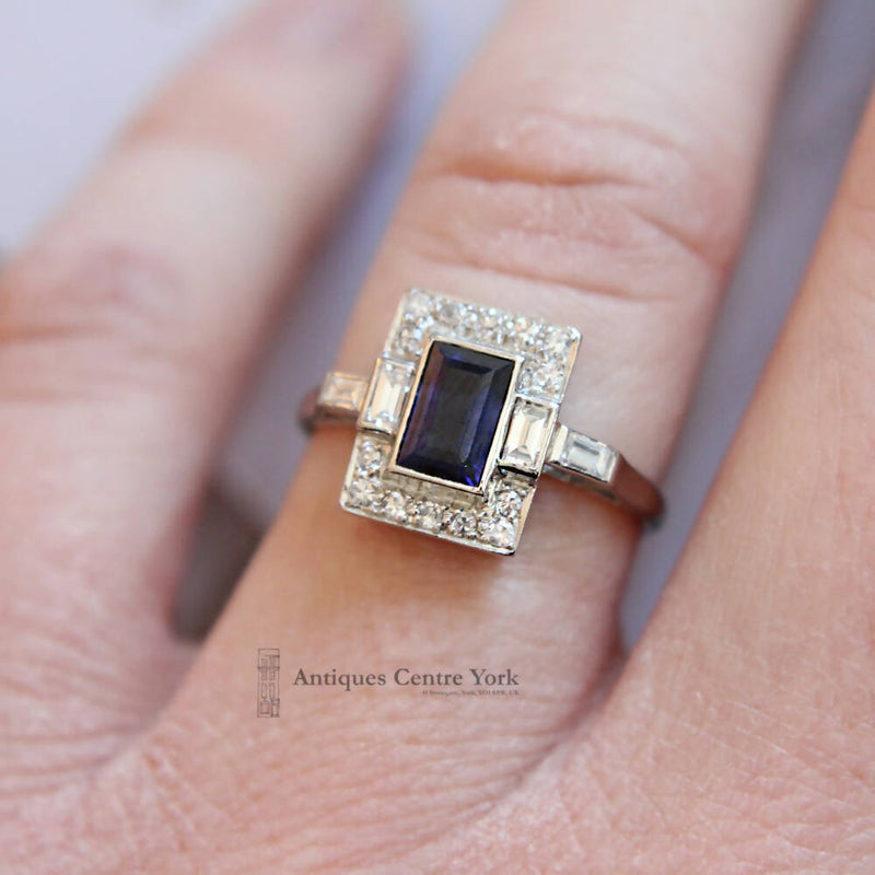 Stunning Art Deco Platinum Sapphire & Diamond Rectangular Cluster Ring