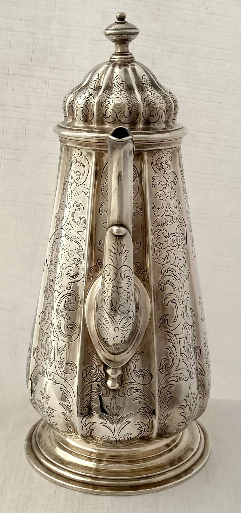 Georgian, George II, Silver Coffee Pot, Crest of Sewell. London 1735 John Fossey. 28 troy ounces.