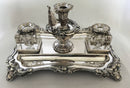 William IV period Sheffield plated inkstand with central taperstick holder. Circa 1835 - 1840