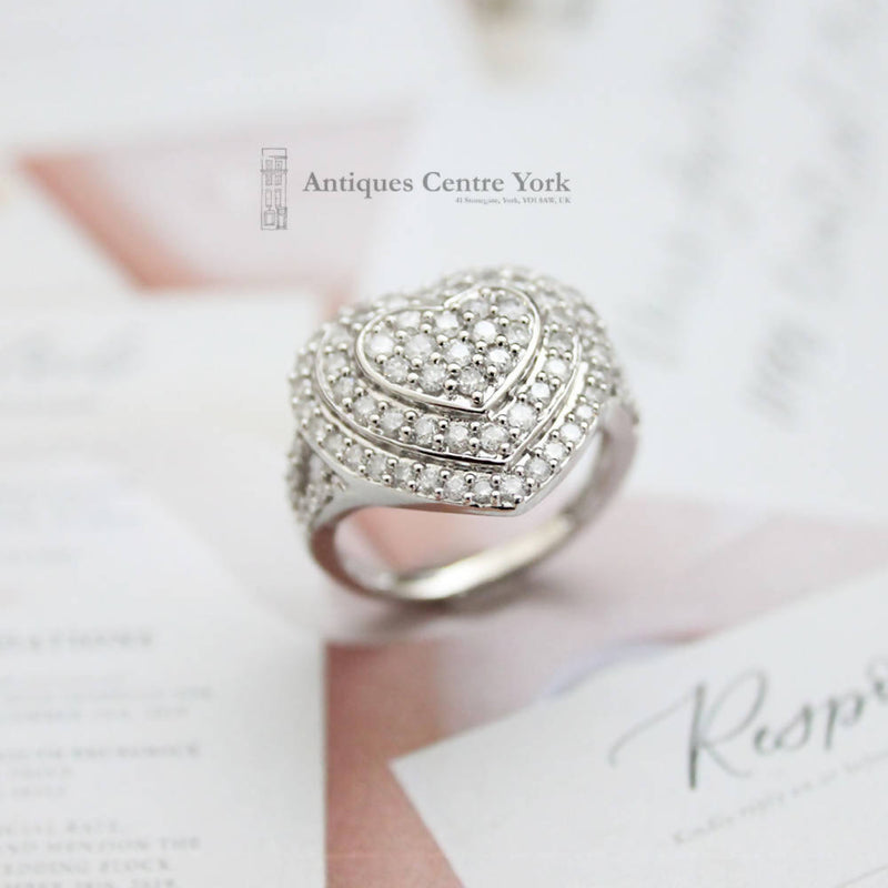 Large 14ct White Gold Diamond Heart Cluster Ring