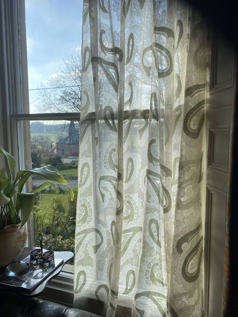 Paisley Green madras Lace Curtain Panel to finish 68'/120" 3metres long
