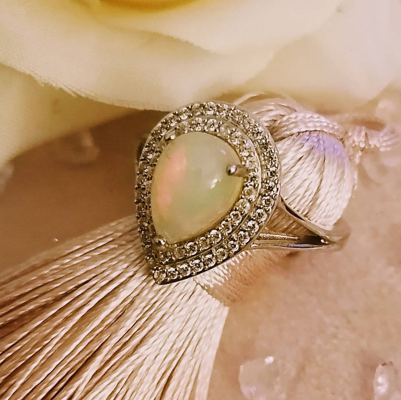 New Ethiopian opal & Cambodian Zircon Sterling Silver Ring - Size P