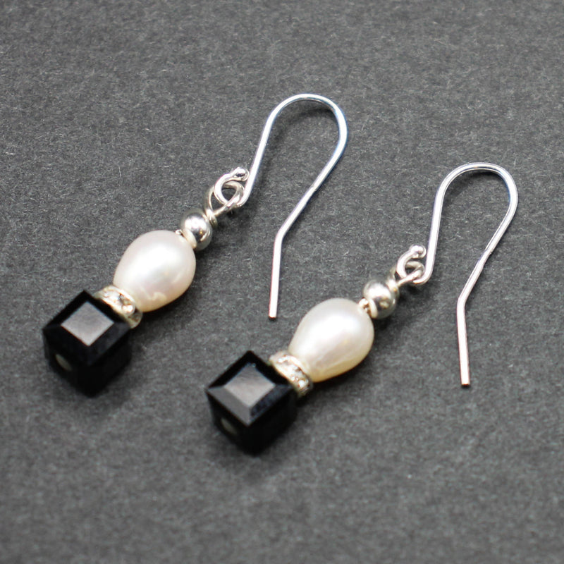 Bridget: Pearl and black Swarovski crystal earrings