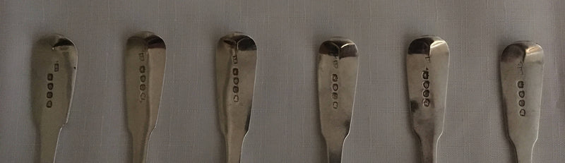 Georgian, George III, set of six silver dessert spoons. London 1820 Solomon Royes. 8.8 troy ounces.