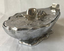 French novelty silver plated mignonette sauce dish and cover, with glass liner, in the form of an oyster shell. Signed M. Gouaille.