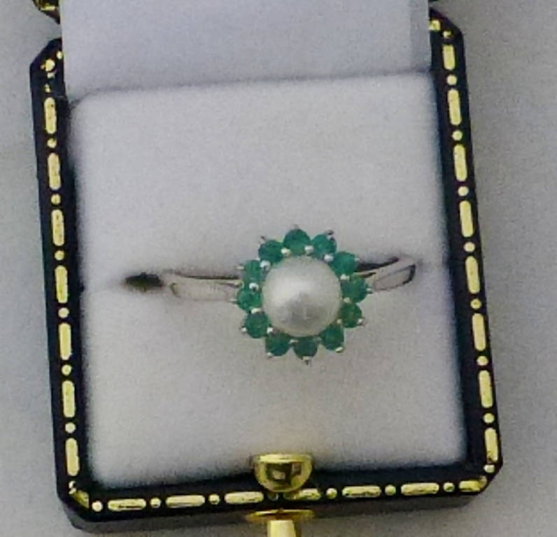 Silver Pearl and Emerald Ring - Size O