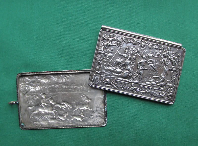 Silver/White Metal Aide Memoire Case/Embossed Hunting & Classical Scenes
