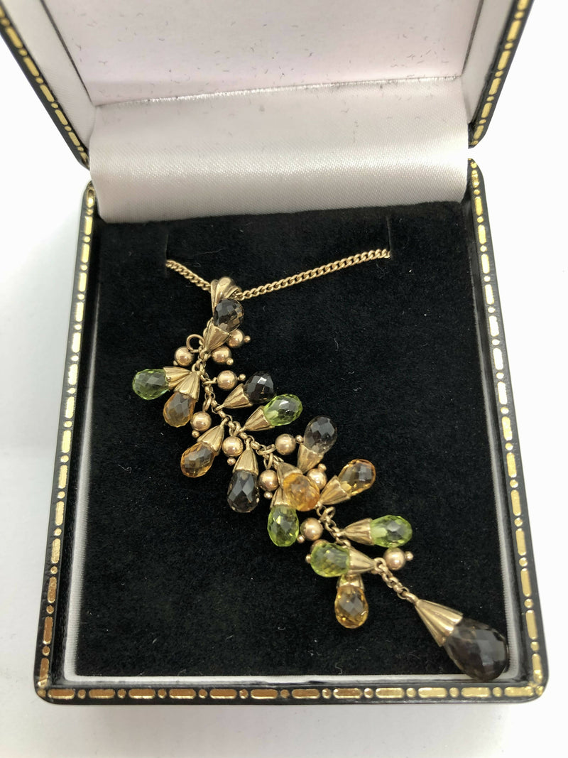 9ct Yellow Gold 1960s Citrine Peridot & Smokey Quartz Pendant