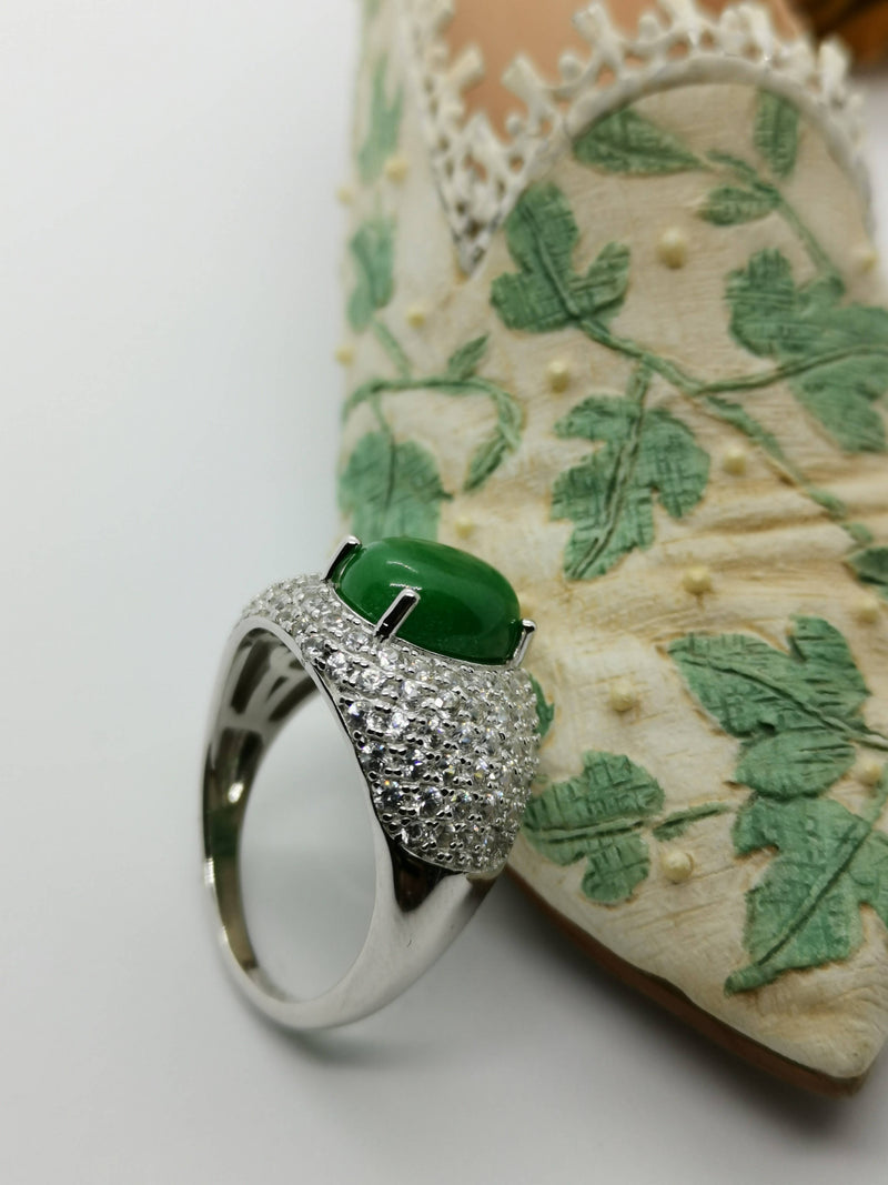 New Natural Green Jade and Zircon Sterling Silver Statement Ring - Size N/O