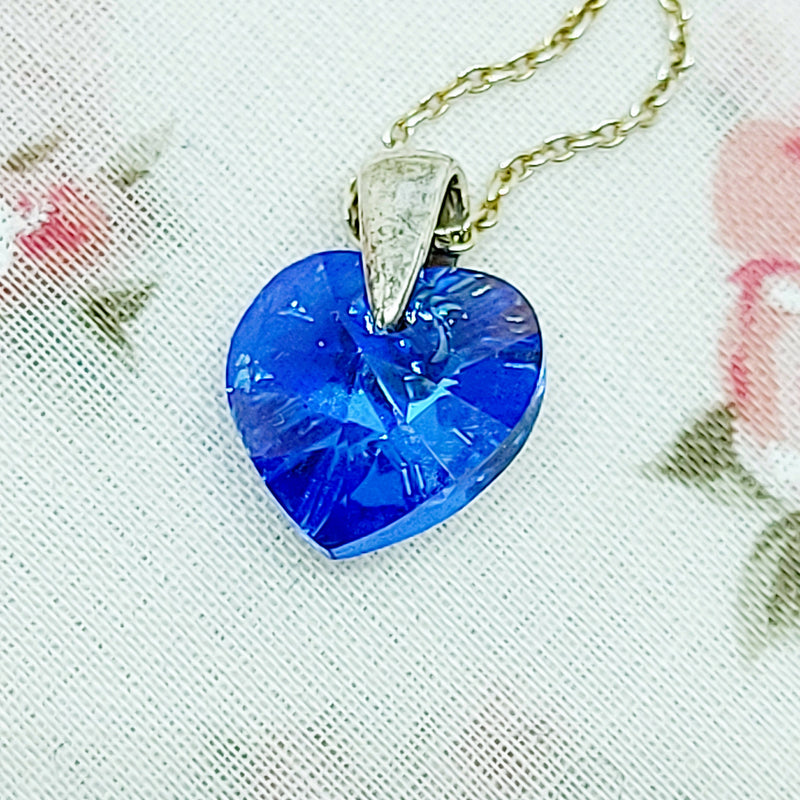 Beautiful Blue Crystal Heart On Silver Chain