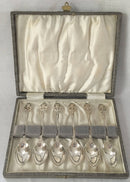 Cased set of six silver plated Art Nouveau teaspoons.