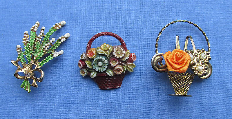 Three Vintage Brooches/Baskets Of Flowers & Floral Display