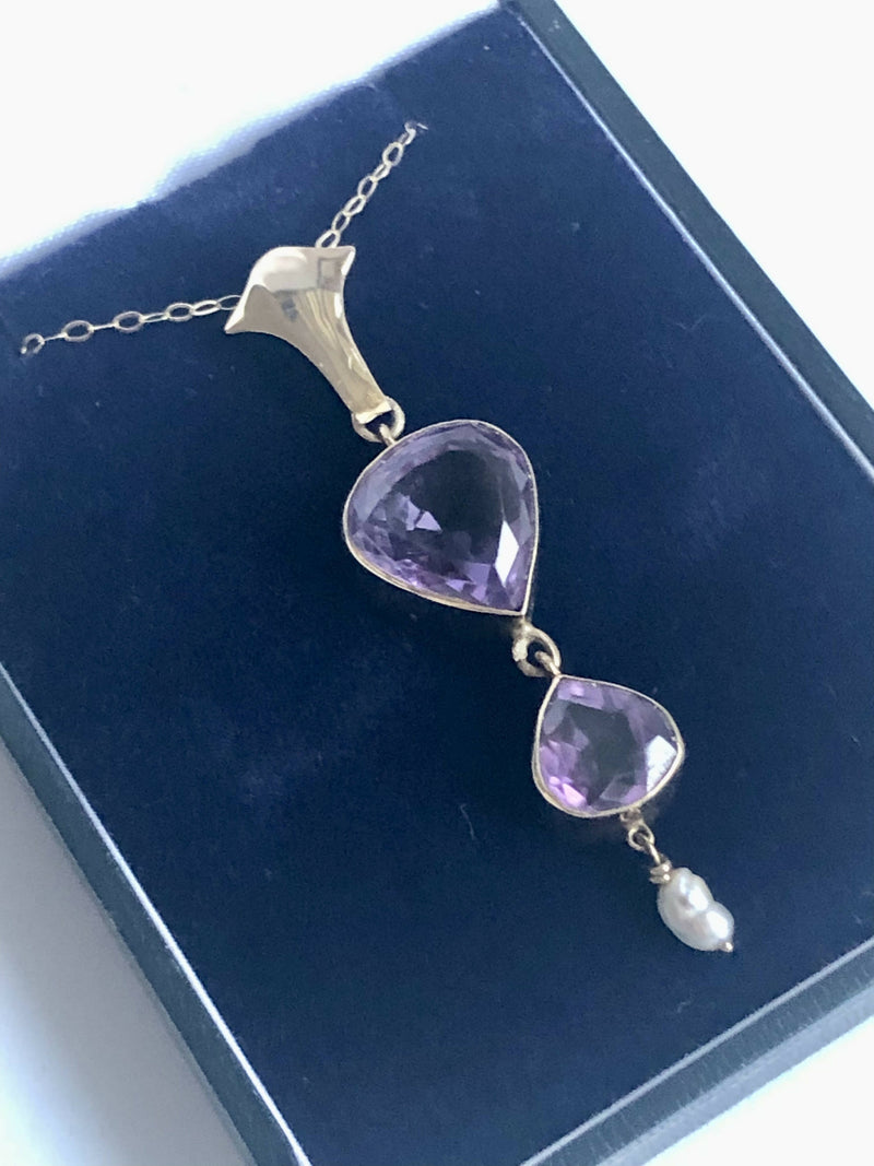 Art Nouveau 9ct Yellow Gold Facet Cut Double Amethyst & Natural Pearl Drop Pendant