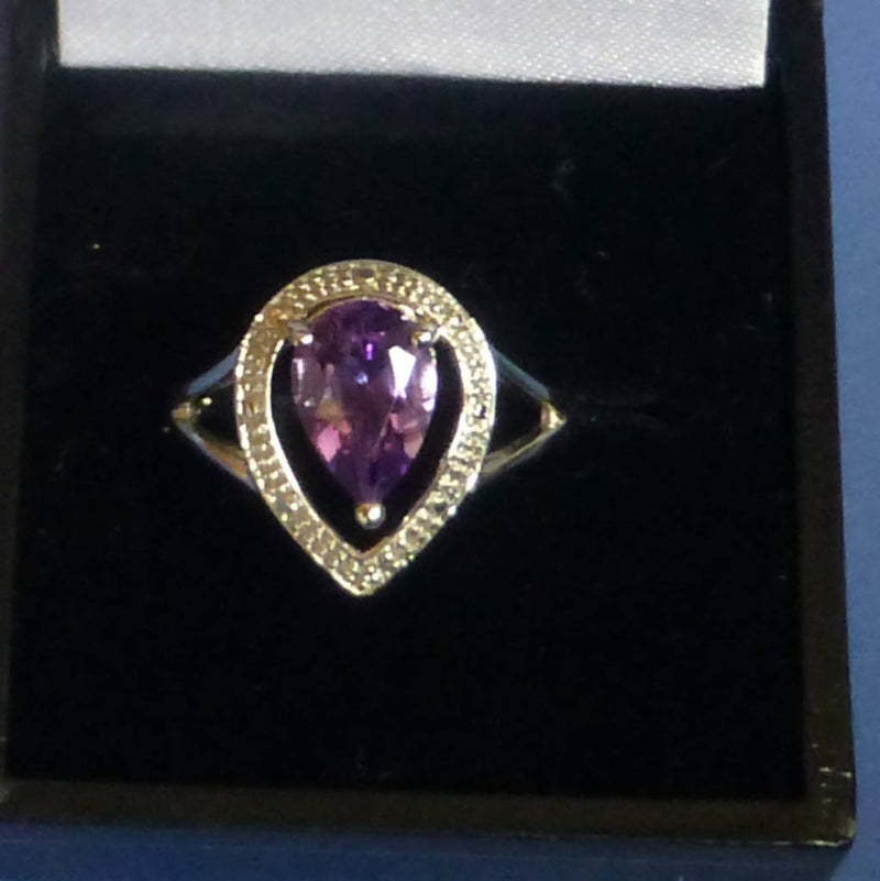 Silver Amethyst and Diamond Ring Size P