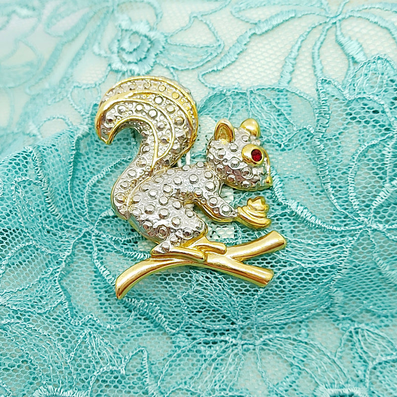 Cute Gold & Silver Tone Squirrel Brooch