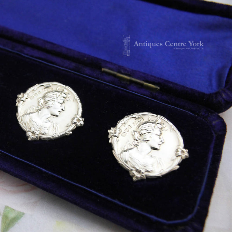 Art Nouveau Set of 6 Silver Buttons in Fitted Case