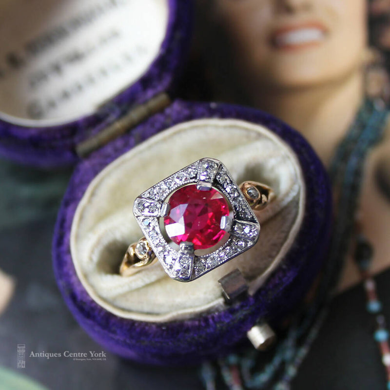 Edwardian 18ct "Ruby" & Diamond Cluster Ring