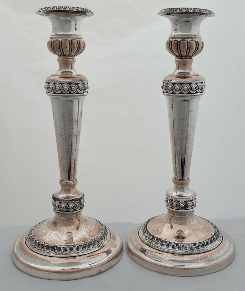 Georgian, Pair of Old Sheffield Plate Crested Candlesticks, circa 1820.