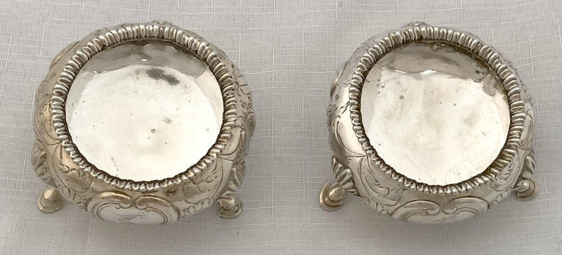 Victorian Pair of Large Crested Silver Salts. London 1856 Henry Holland. 6 troy ounces.