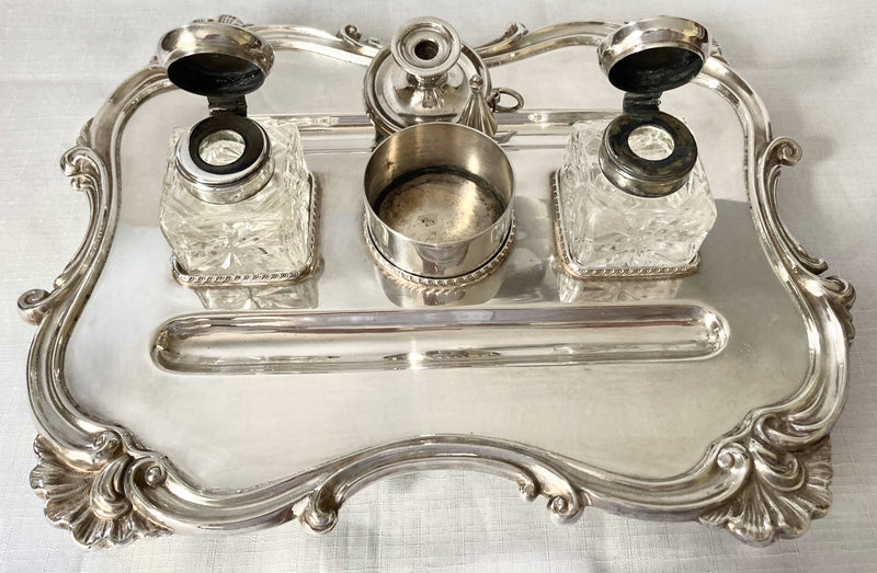 Large Silver Plated Inkstand, in the Georgian Manner, with Twin Inkwells, Taperstick Holder & Snuffer.