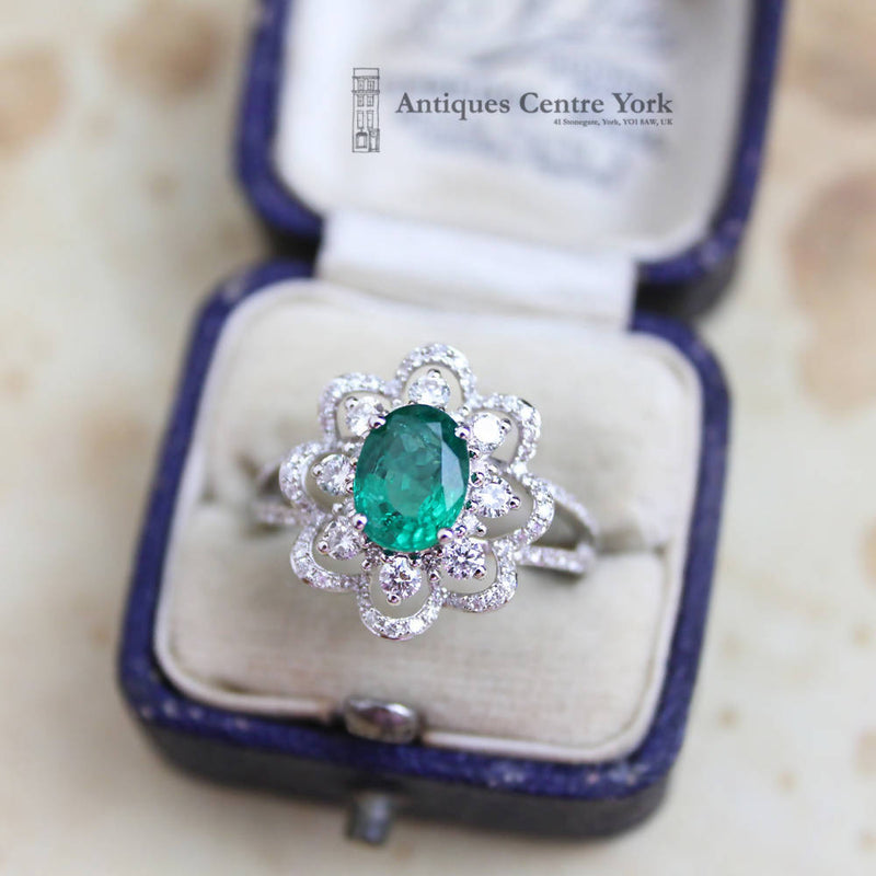 18ct White Gold Emerald & Diamond Fancy Cluster Ring