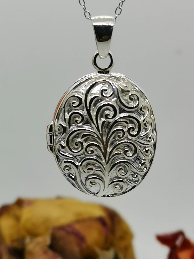 New Flower Engraved Locket Pendant in Rhodium Plated Sterling Silver-16"