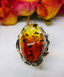 New Glorious Bi-coloured Amber (20x30mm) 925 Sterling Silver Ring - Size Adjustable
