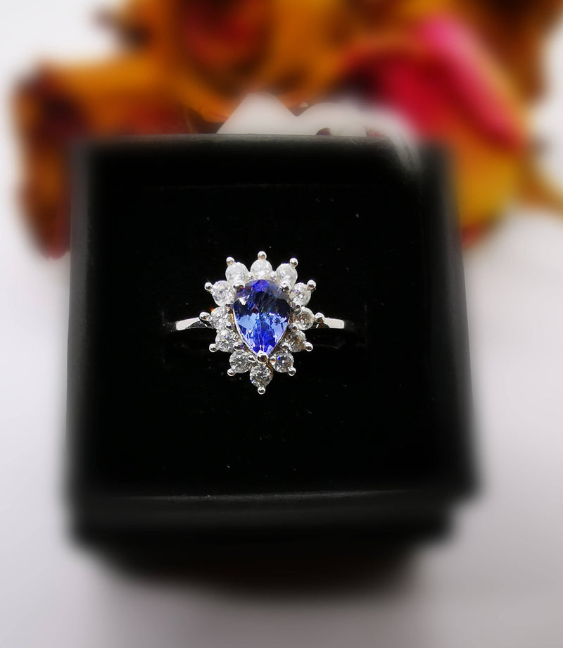 New Tanzanite Pear and Cambodian Zircon 925 Sterling Silver Ring (Size O)