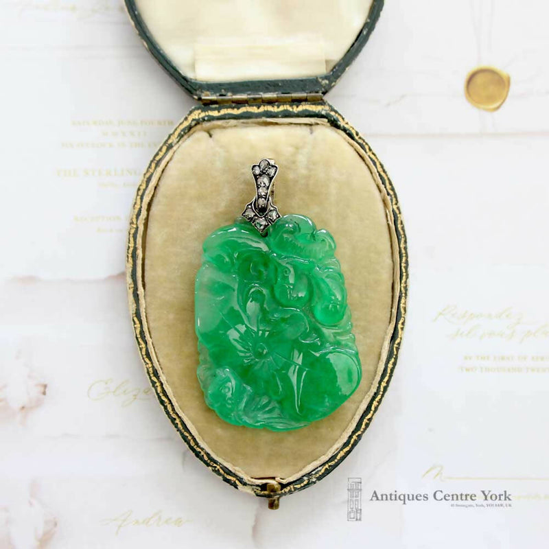 Vintage Large Carved Jade Pendant with 18ct Diamond Bail