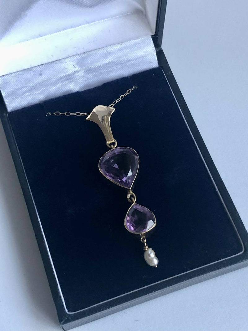 Art Nouveau 9ct Yellow Gold Facet Cut Double Amethyst & Natural Pearl Drop Pendant