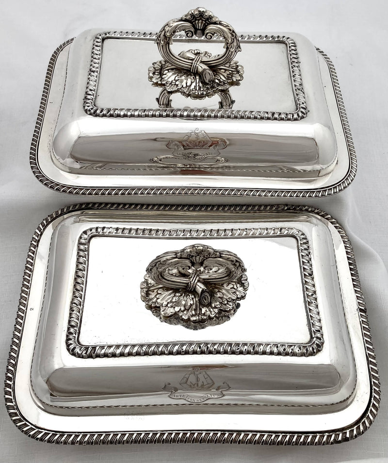 Pair of George IV Old Sheffield Plate Entree Dishes, Christopher Family Crest. T & J Creswick, Sheffield, circa 1820 - 1830.