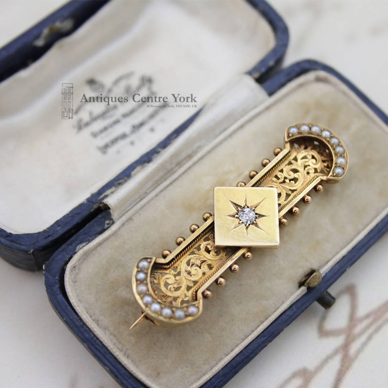 Victorian 15ct Pearl & Diamond Brooch