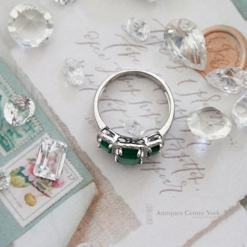 14ct White Gold Emerald & Diamond Triple Cluster Ring