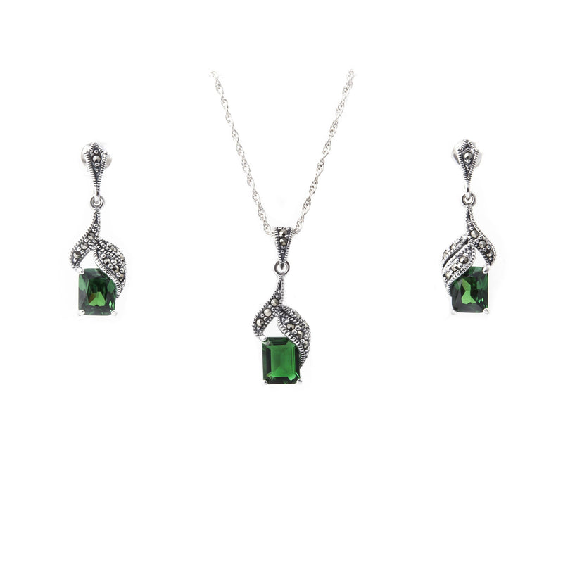 Silver Marcasite Emerald Crystal Green Earrings