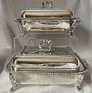 Georgian, George IV, Pair of Old Sheffield Plate Entree Dishes & Covers on Warming Stands. Marital Arms of Dickson & Huntley, circa 1820 - 1830.