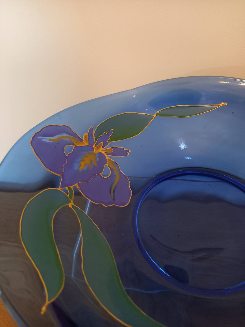 Hand painted blue glass bowl by Jo. North