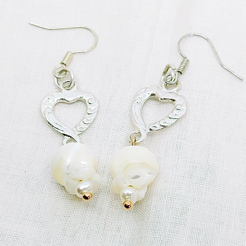 Silver Tone Heart & Mother of Pearl 'Lily of the Valley' Earrings