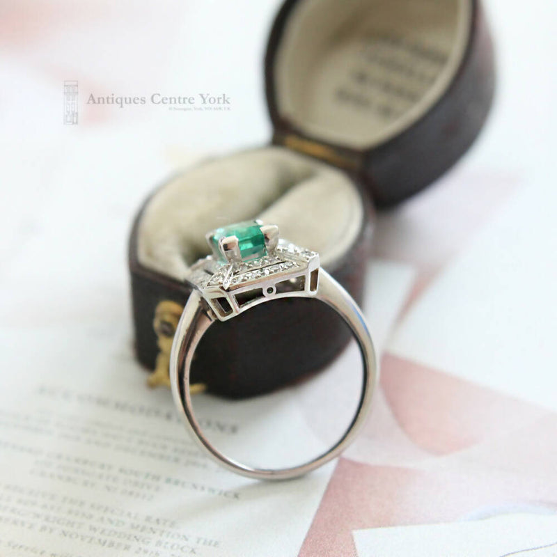 Vintage Platinum Emerald & Diamond Rectangular Cluster Ring