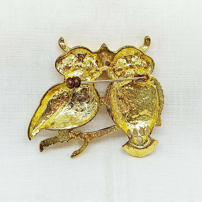 Gold Tone Happy Owls Brooch