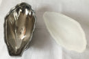 French novelty silver plated mignonette sauce dish and cover, with glass liner, in the form of an oyster shell. Signed M. Gouaille.