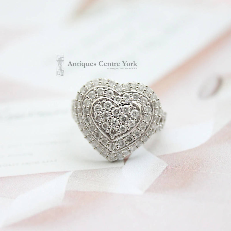 Large 14ct White Gold Diamond Heart Cluster Ring