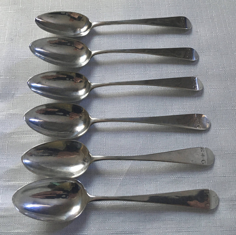 Georgian, George III, set of six silver teaspoons. London 1790 Godbehere & Wigan. 1.5 troy ounces.
