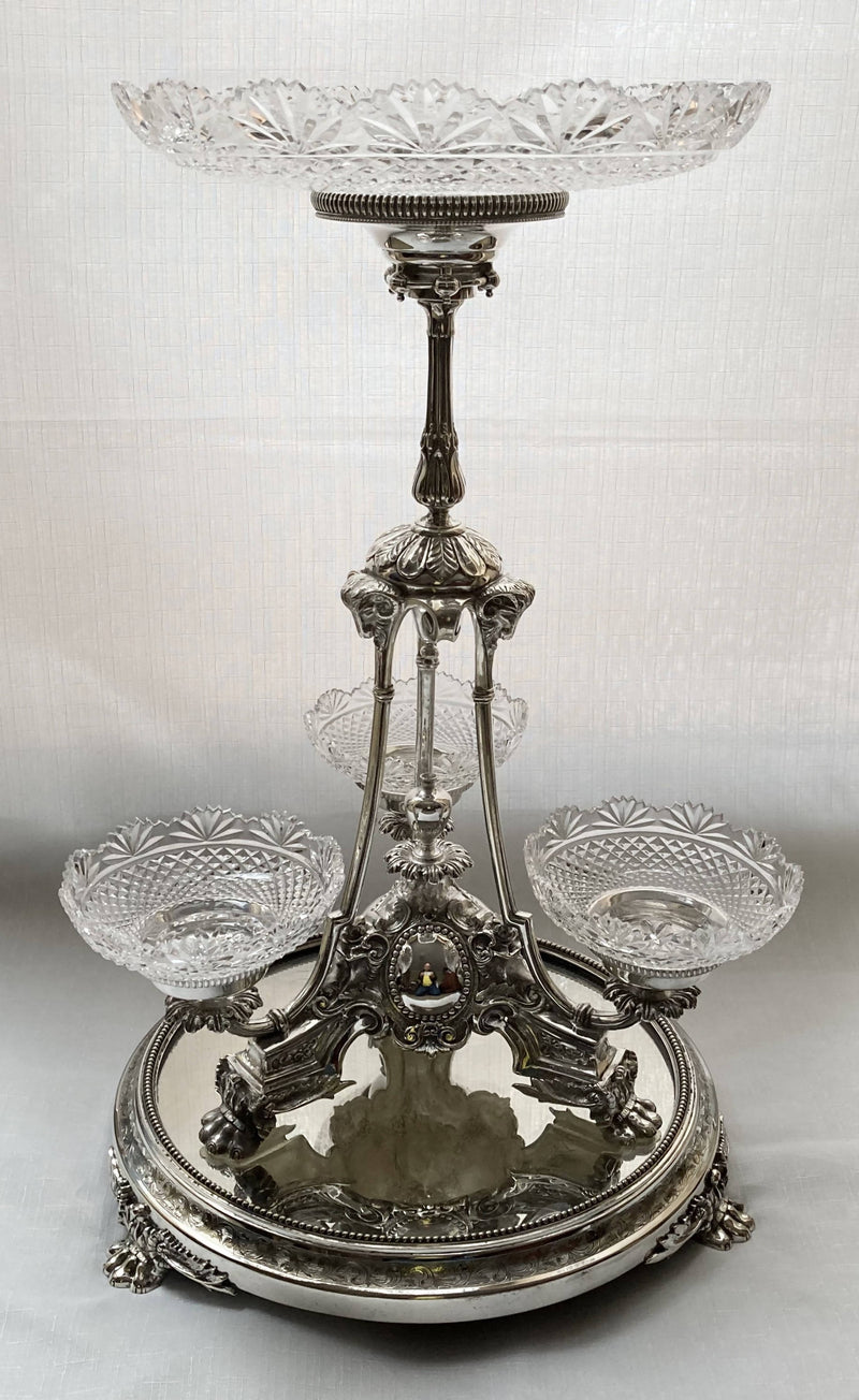 Victorian Silver Plated & Cut Glass Centrepiece with Mirrored Plateau. Henry Wilkinson & Co. of Sheffield, circa 1850 - 1870.