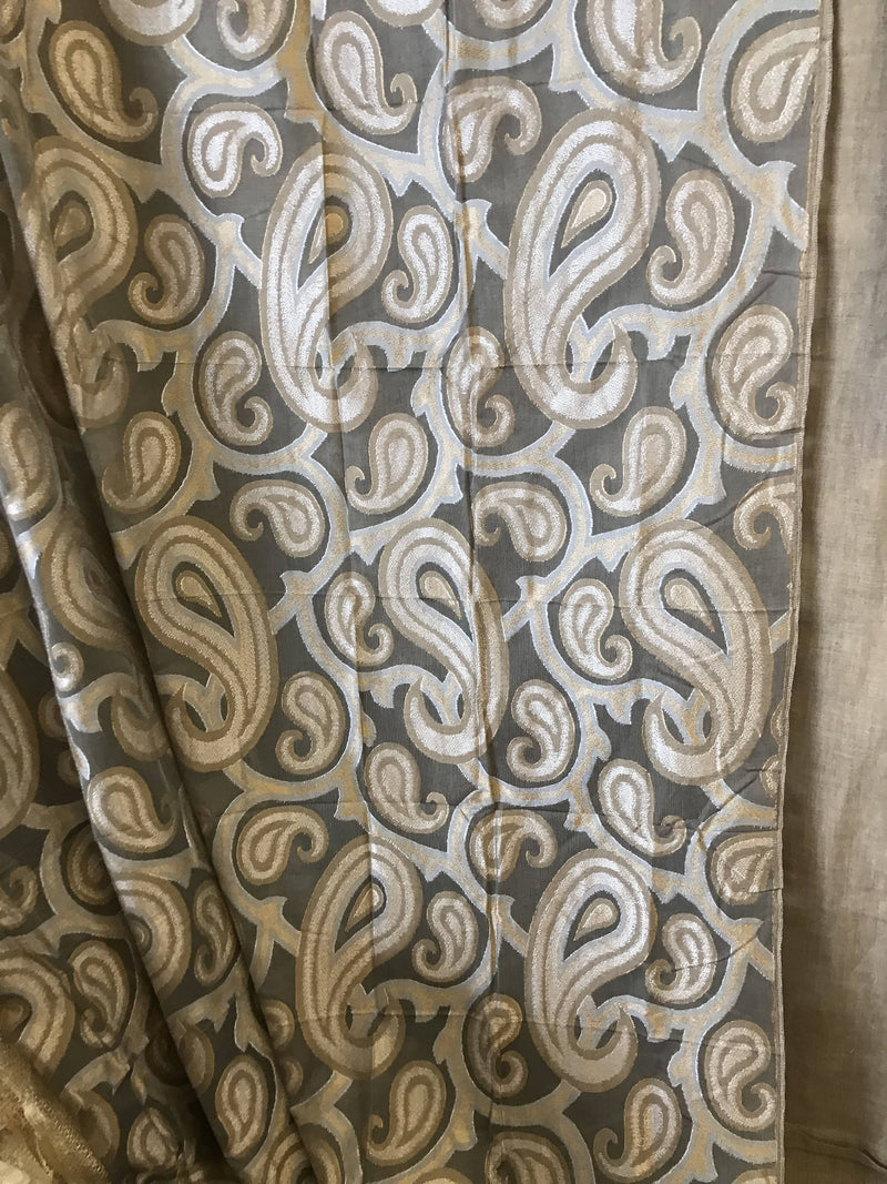 Silver and Gold Paisley on grey cotton madras lace top end designer Panel - 68”/100”to finish