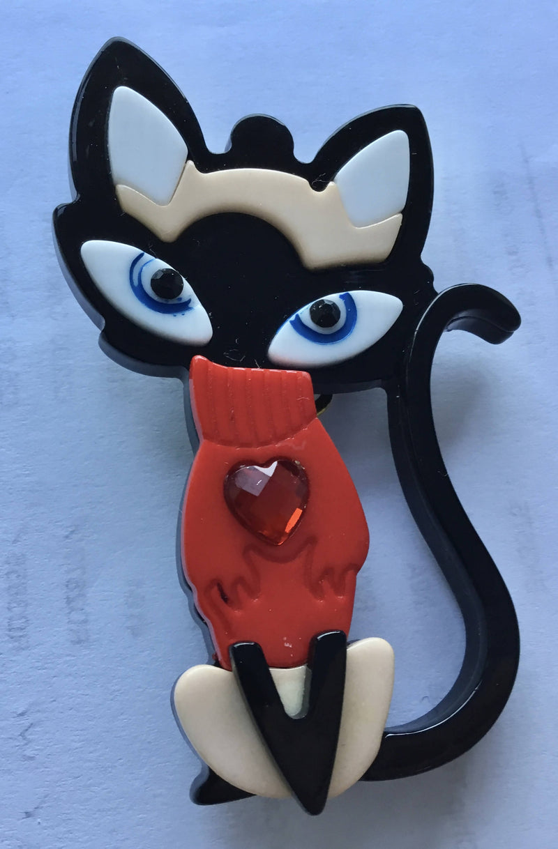 Black Cat Red Heart Brooch