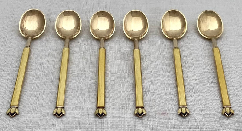 Cased Set of Six Art Deco Silver Gilt & Guilloche Enamel Demitasse Spoons. David Andersen, Norway. 2 troy ounces.