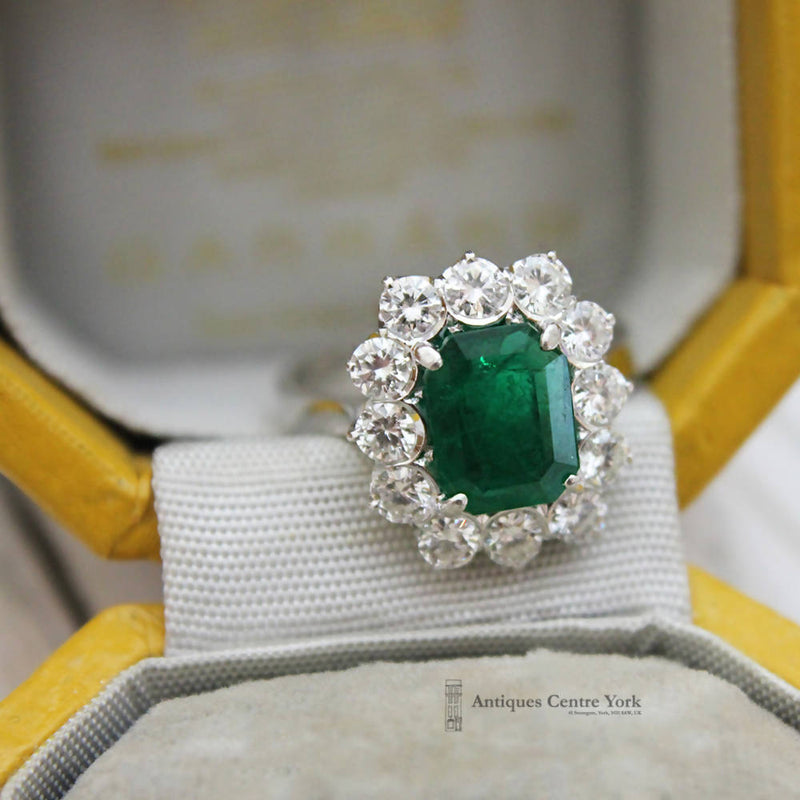 18ct White Gold Emerald 1.75ct & Diamond 1.20ct Rectangular Cluster Ring
