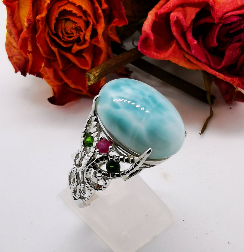 New Larimar, Ruby, Russian Diopside Sterling Silver Cocktail Ring