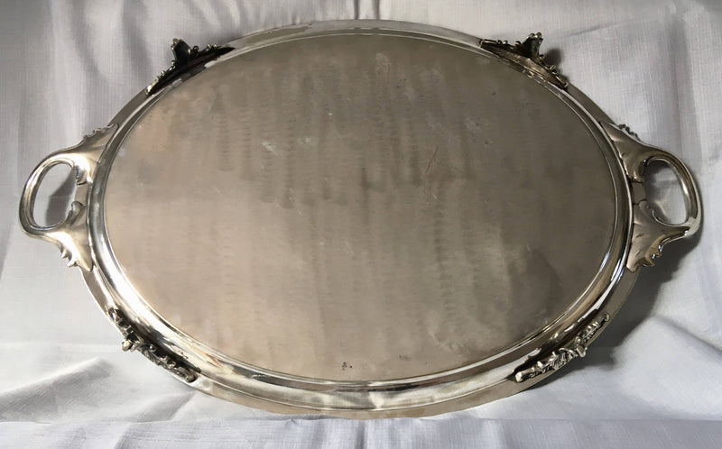 Early Victorian twin handled, silver plated and crested oval serving tray. Thomas Wilkinson, circa 1840 - 1860.