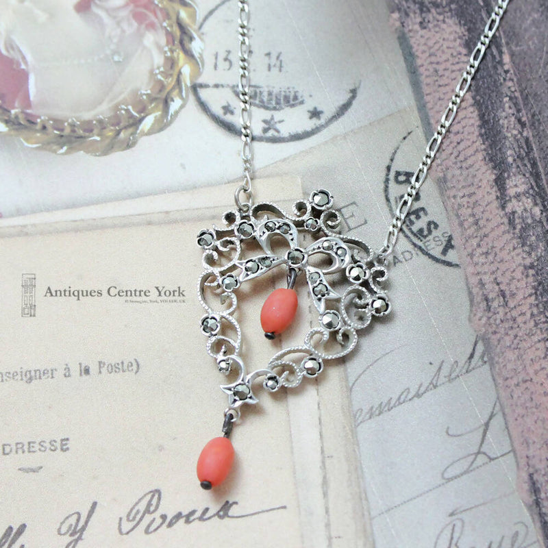 Late C.19th French Silver Coral & Marcasite Necklace